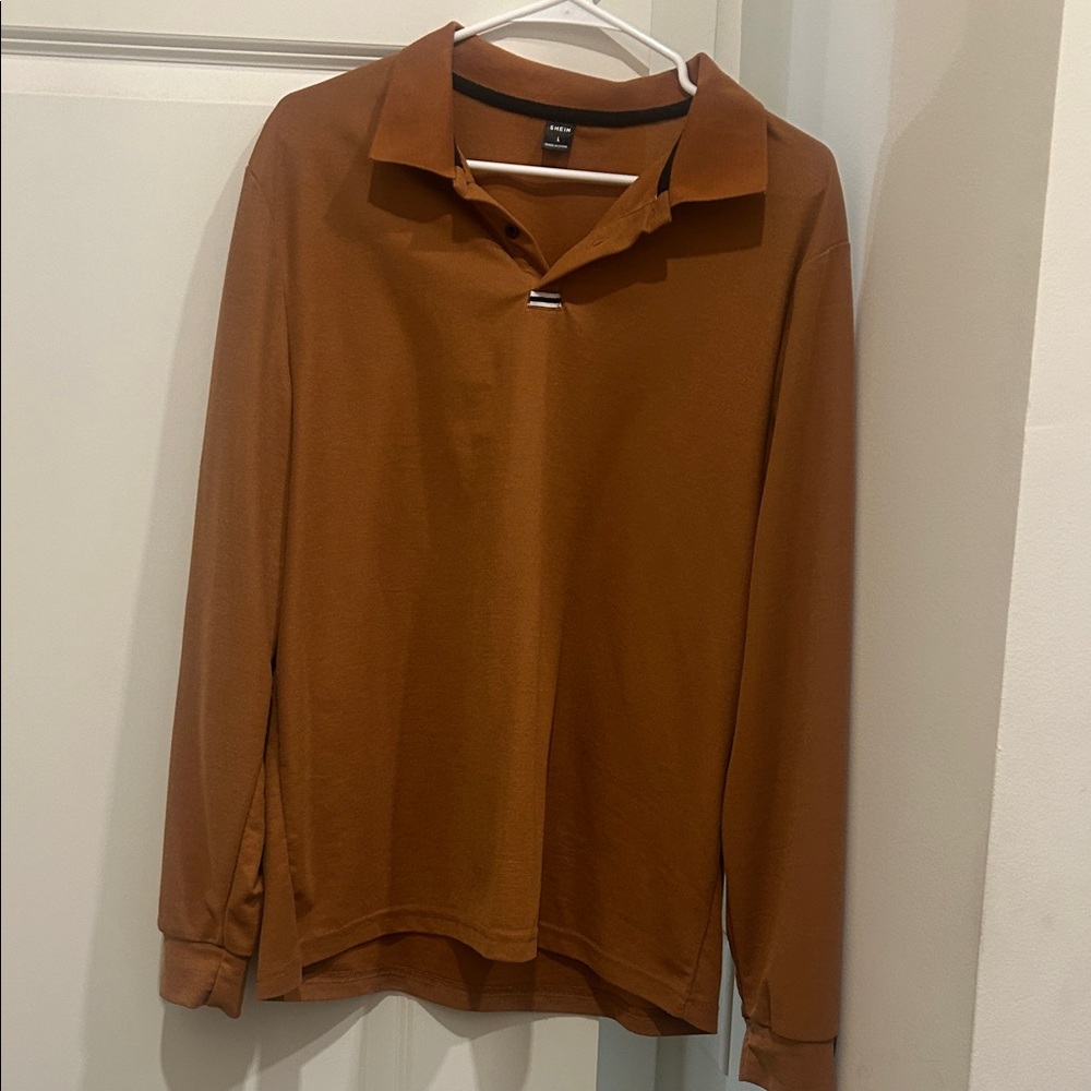 SHEIN Men's Long Sleeve Polo in Rust Brown